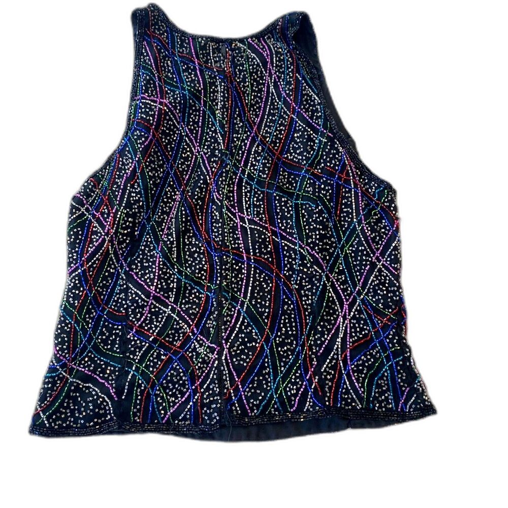Vintage Laurence Kazar size Medium 100% Silk Beaded Colorful New Years Eve Top